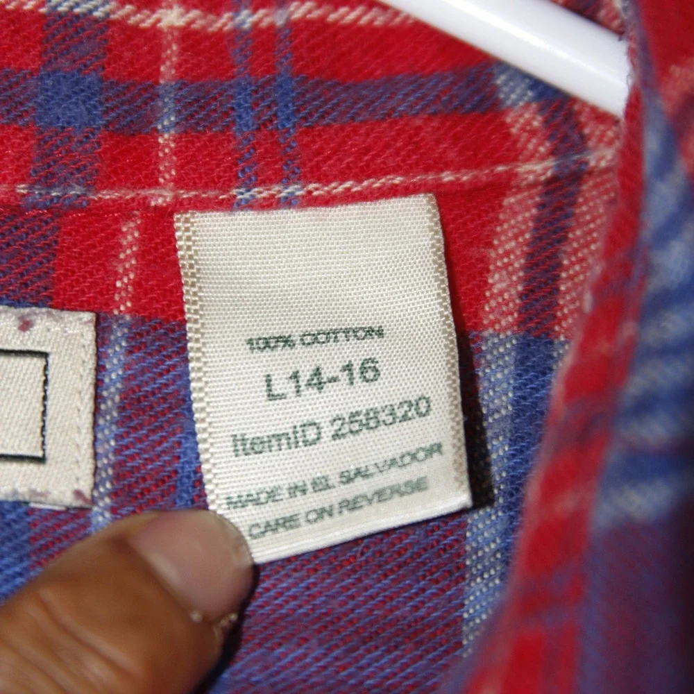 LL Bean Flannel Shirt Boy L Red Blue Plaid Long Sleeve Button Up Cotton Outdoors